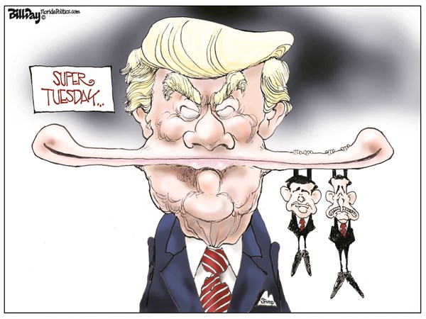 Bill Day - Cagle Cartoons - SUPER TUESDAY  color - English - Trump, Rubio, Cruz, super tuesday