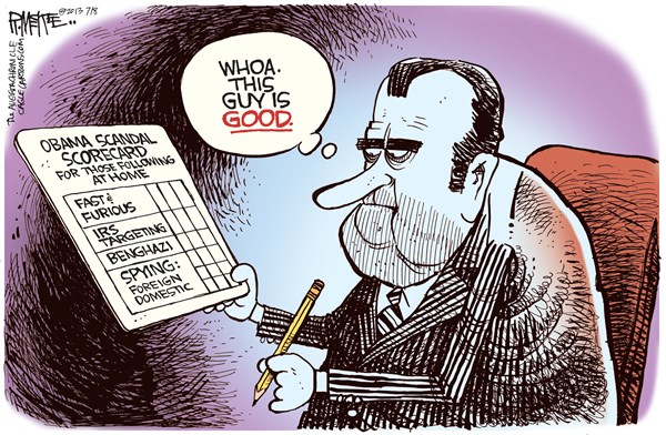 Rick McKee - The Augusta Chronicle - Obama Scorecard COLOR - English - Obama, scorecard, scandals, Nixon, Fast and Furious, IRS, Benghazi, Spying, Snowden, NSA