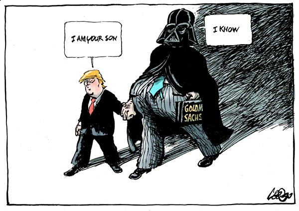 Jos Collignon - politicalcartoons.com - Trump and the bank - English - Trump, Goldman Sachs, Darth Vader, sons