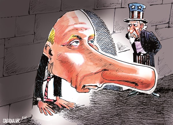 Sabir Nazar - Cagle.com - Russia influenced US Elections - English - Russia, US Elections, Presidential Elections, Donald Trump,  Hillary Clinton, FBI, CIA, Vladi­mir Putin, Obama, Russian Intervention, Russian Hackers, 2016 election, James Comey,  cyber-intrusions, US electoral system