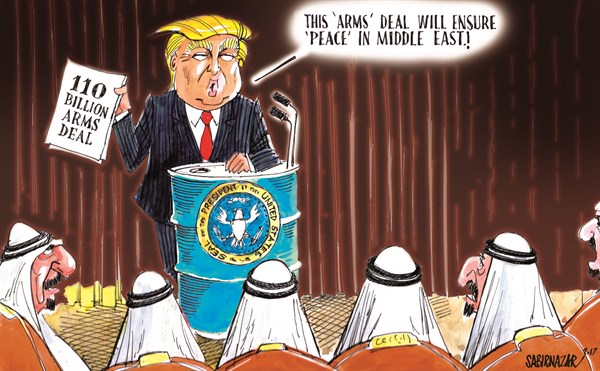 Sabir Nazar - Cagle.com - Trump’s Big Saud Arms Deal - English - Trump, Arms deal, Saudi Arabia, Yemen, Iran, United States, US, King Suleman, Donald Trump,110 billion, dollars,kingdom 