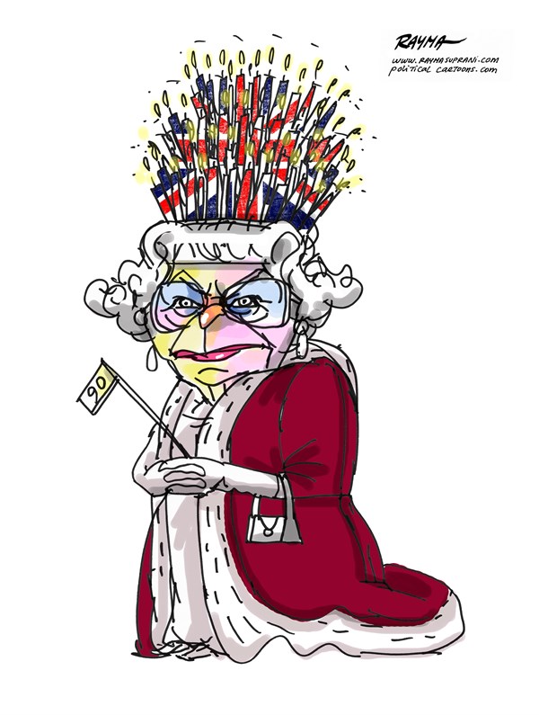 Rayma Suprani - CagleCartoons.com - Queen Elizabeth's Birthday  - English - Queen, Elizabeth, birthday,England, celebrate