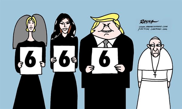 Rayma Suprani - CagleCartoons.com - Trump and Pope - English - Trump, Pope, 