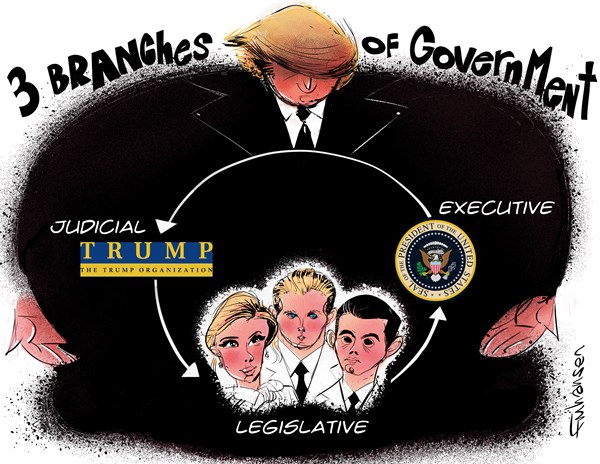 Frank Hansen - PoliticalCartoons.com - Trump's 3 Branches of Government - English - Donald Trump, Government, Ivanka Trump, Donald Trump Jr, Eric Trump, Conflict of Interest