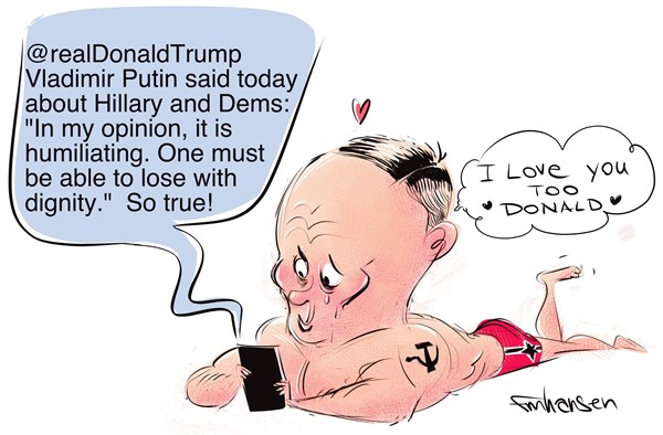 Frank Hansen - PoliticalCartoons.com - Trump Tweets Putin Quote - English - Donald Trump, Vladimir Putin, Twitter, Russia, Quotes, Ego
